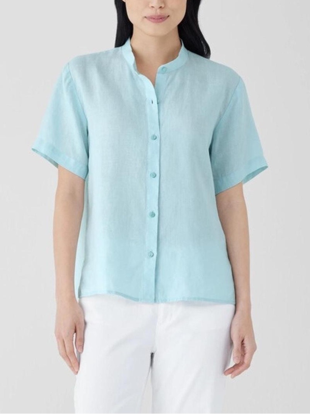 Organic Handkerchief Linen Band Collar Short-Sleeve Shirt